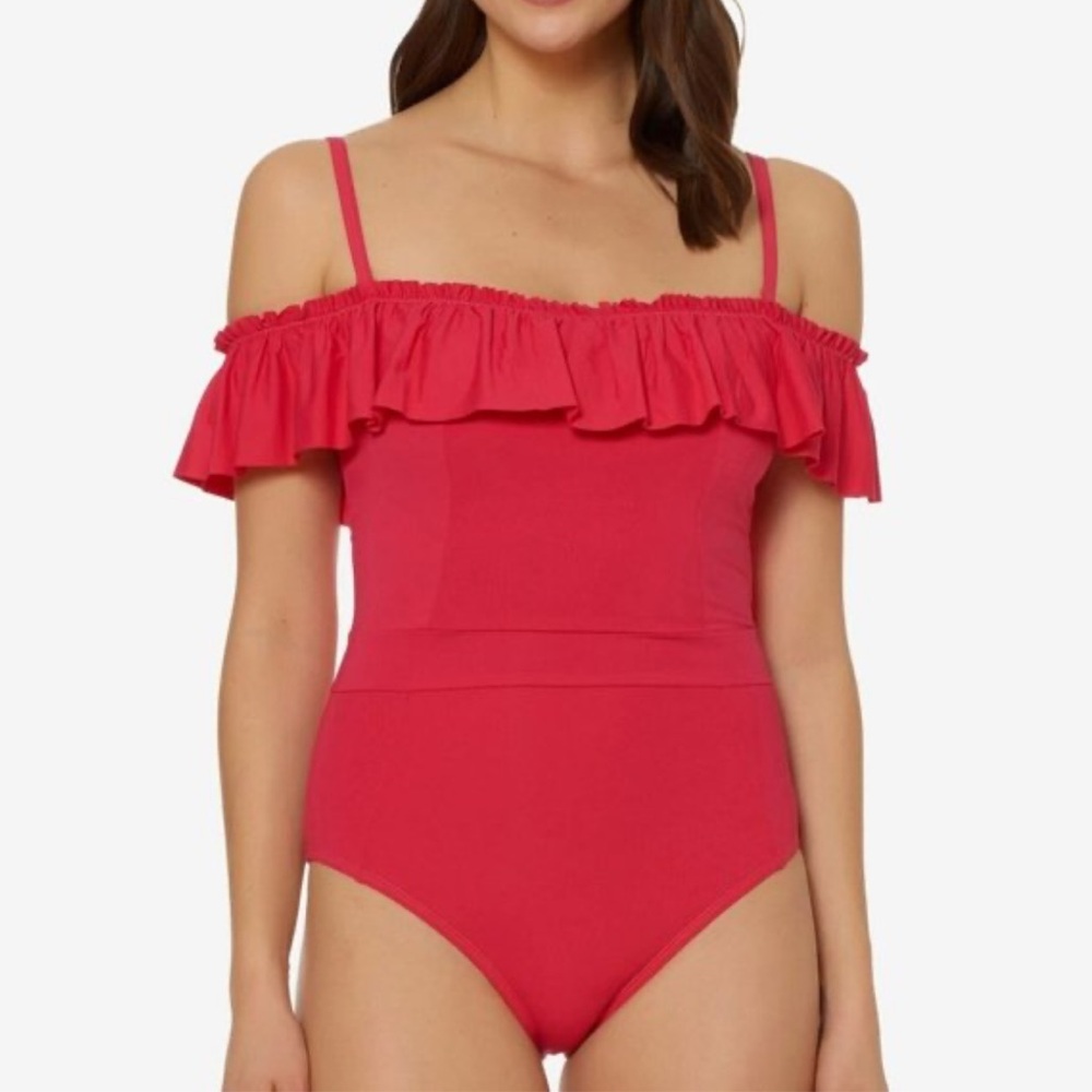 Bleu by Rod Beattie Off Shoulder Ruffle Tummy Contour One Piece Pink Sz 4